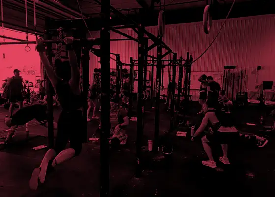 A busy group class mid-workout